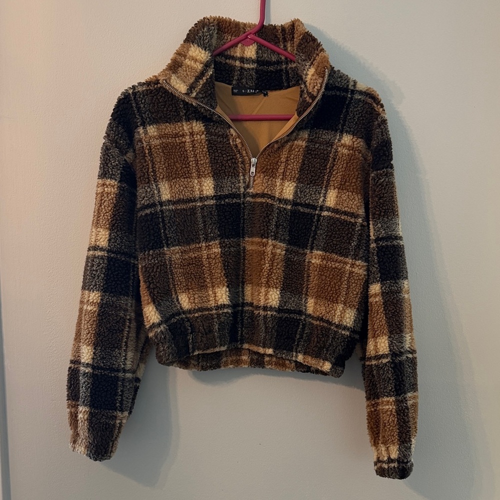 Plaid cropped quarter zip